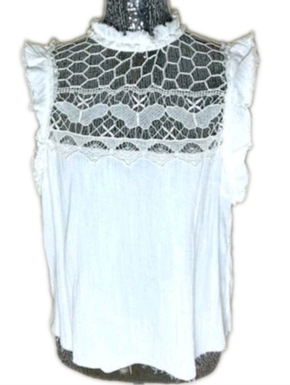 Free People Simply Smiles Crochet Halter Top Ruffle Neck & Sleeve Open Tie Back